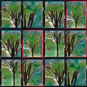 Emerald Forest Watercolor tree blk outlined tile 12-patch emerald 2adj