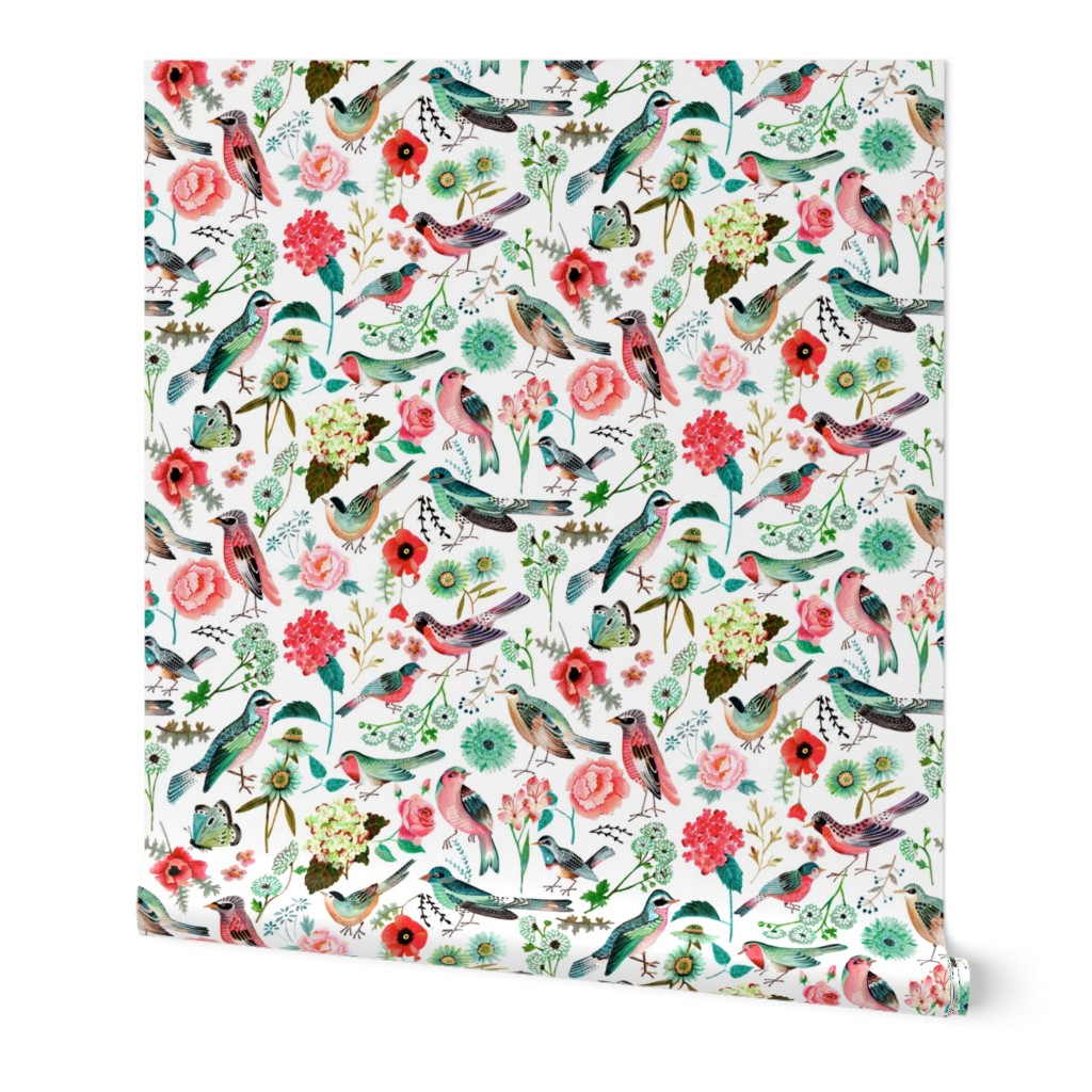 Botanical Green & Pink Modern Birds Flower Floral