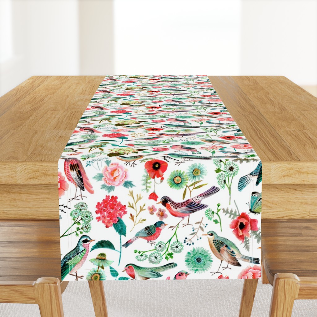 Botanical Green & Pink Modern Birds Flower Floral