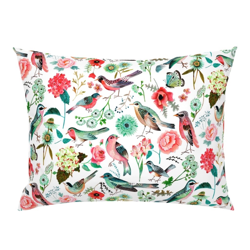 Botanical Green & Pink Modern Birds Flower Floral