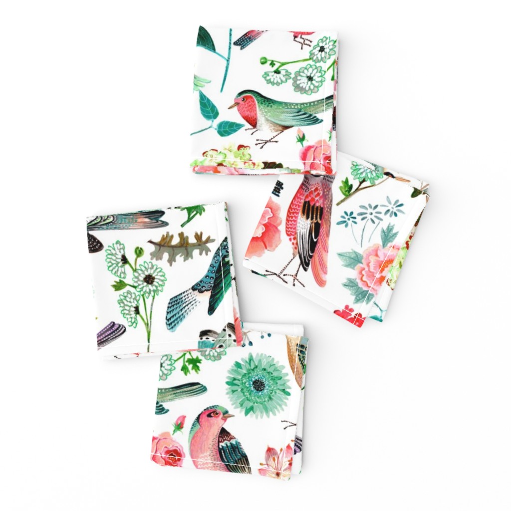 Botanical Green & Pink Modern Birds Flower Floral