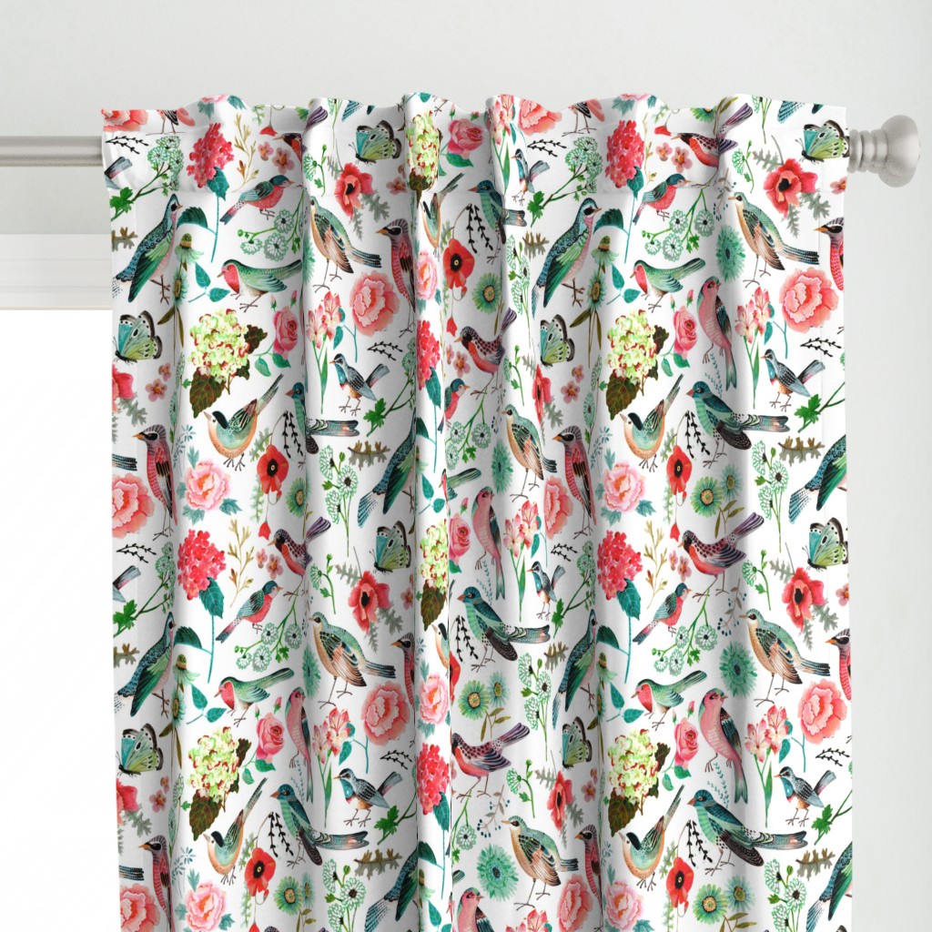 Botanical Green & Pink Modern Birds Flower Floral