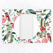 Botanical Green & Pink Modern Birds Flower Floral