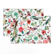 Botanical Green & Pink Modern Birds Flower Floral