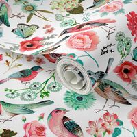 Botanical Green & Pink Modern Birds Flower Floral