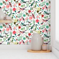 Botanical Green & Pink Modern Birds Flower Floral