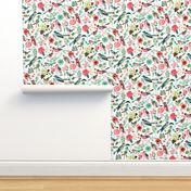 Botanical Green & Pink Modern Birds Flower Floral