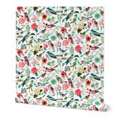 Botanical Green & Pink Modern Birds Flower Floral