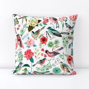 Botanical Green & Pink Modern Birds Flower Floral