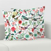 Botanical Green & Pink Modern Birds Flower Floral