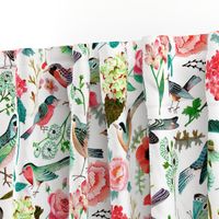 Botanical Green & Pink Modern Birds Flower Floral