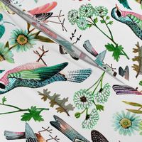 Botanical Green & Pink Modern Birds Flower Floral