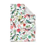 Botanical Green & Pink Modern Birds Flower Floral