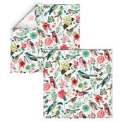 Botanical Green & Pink Modern Birds Flower Floral