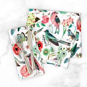 Botanical Green & Pink Modern Birds Flower Floral