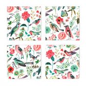 Botanical Green & Pink Modern Birds Flower Floral