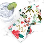 Botanical Green & Pink Modern Birds Flower Floral