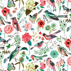 Botanical Green & Pink Modern Birds Flower Floral