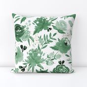 Emerald Forest Floral w Gold Glitter - Monochrome Watercolor Flowers