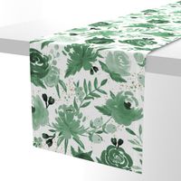 Emerald Forest Floral w Gold Glitter - Monochrome Watercolor Flowers