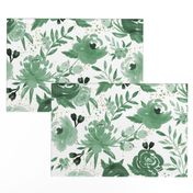 Emerald Forest Floral w Gold Glitter - Monochrome Watercolor Flowers