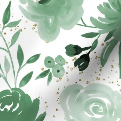 Emerald Forest Floral w Gold Glitter - Monochrome Watercolor Flowers