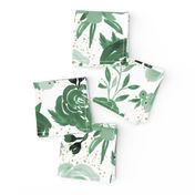 Emerald Forest Floral w Gold Glitter - Monochrome Watercolor Flowers