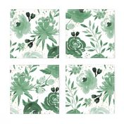 Emerald Forest Floral w Gold Glitter - Monochrome Watercolor Flowers