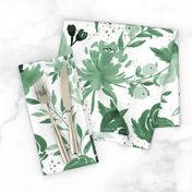 Emerald Forest Floral w Gold Glitter - Monochrome Watercolor Flowers