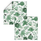 Emerald Forest Floral w Gold Glitter - Monochrome Watercolor Flowers