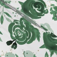 Emerald Forest Floral w Gold Glitter - Monochrome Watercolor Flowers