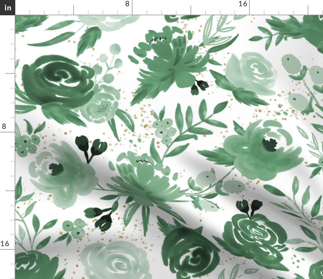 Emerald Forest Floral w Gold Glitter - Monochrome Watercolor Flowers