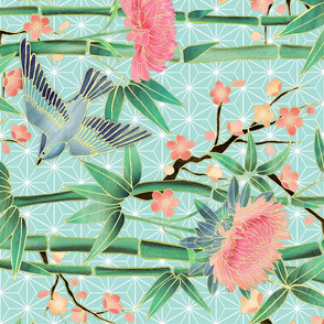 Bamboo, Birds and Blossoms on soft blue rotated
