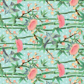 Bamboo, Birds and Blossoms on soft blue - small rotated