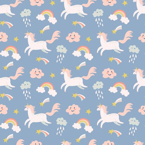 flying unicorn and funny clouds in blue