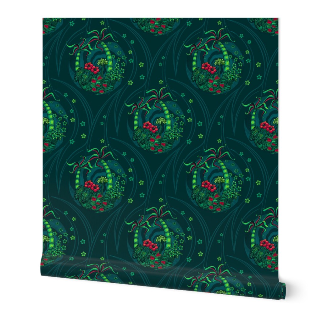 ★ TROPICAL FOREST - Venus Fly Trap, Monstera, Plumeria, Hibiscus and Palm Trees ★ Teal, Lime Green & Red - Large Scale / Collection : Hawaiian Trip - Plumeria & Tiki for Aloha Shirt Print