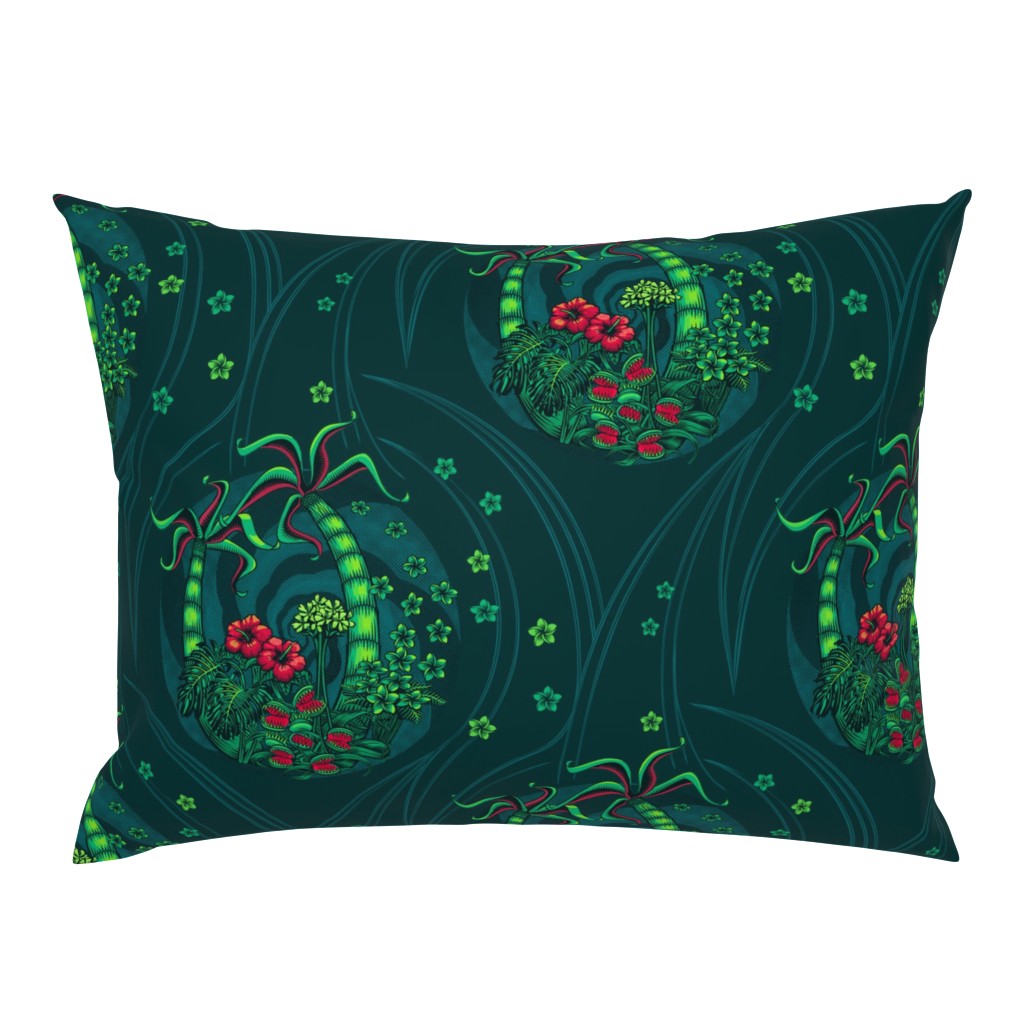 ★ TROPICAL FOREST - Venus Fly Trap, Monstera, Plumeria, Hibiscus and Palm Trees ★ Teal, Lime Green & Red - Large Scale / Collection : Hawaiian Trip - Plumeria & Tiki for Aloha Shirt Print