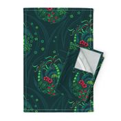 ★ TROPICAL FOREST - Venus Fly Trap, Monstera, Plumeria, Hibiscus and Palm Trees ★ Teal, Lime Green & Red - Large Scale / Collection : Hawaiian Trip - Plumeria & Tiki for Aloha Shirt Print