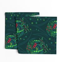 ★ TROPICAL FOREST - Venus Fly Trap, Monstera, Plumeria, Hibiscus and Palm Trees ★ Teal, Lime Green & Red - Large Scale / Collection : Hawaiian Trip - Plumeria & Tiki for Aloha Shirt Print