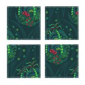 ★ TROPICAL FOREST - Venus Fly Trap, Monstera, Plumeria, Hibiscus and Palm Trees ★ Teal, Lime Green & Red - Large Scale / Collection : Hawaiian Trip - Plumeria & Tiki for Aloha Shirt Print