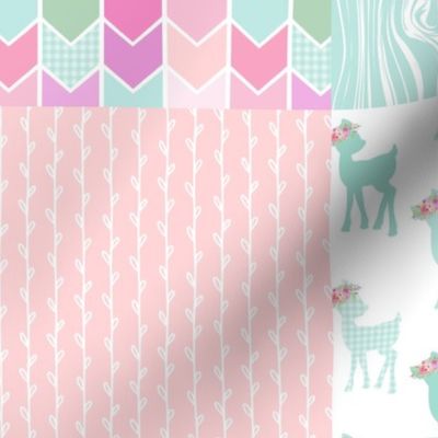 Baby Deer Patchwork – I Woke Up This Cute – Mint Pink Lilac Cheater Quilt Floral Wholecloth