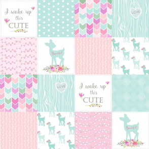 Baby Deer Patchwork – I Woke Up This Cute – Mint Pink Lilac Cheater Quilt Floral Wholecloth
