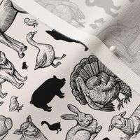  Farm animals hand-drawn outline inked sketches. vintage engraving style animals: cow, sheep, pig, horse, ostrich, guard dog, duck, rabbit, goose, turkey, lamb, pork with silhouettes.