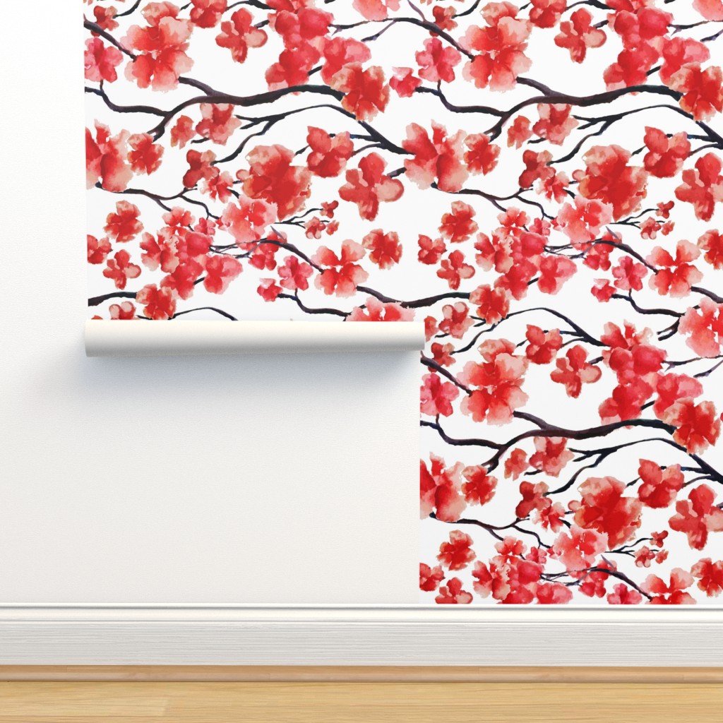 Japanese Red Cherry Blossom, Sakura Wallpaper | Spoonflower