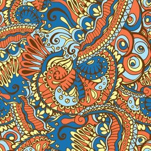 Ethnic Orange and Blue Tangle Abstract Doodles
