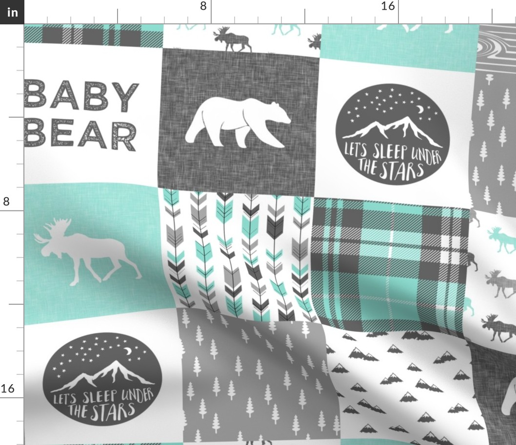 baby bear - woodland patchwork quilt top - light teal  