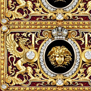 1 medusa gold diamonds griffin gryphon flowers floral filigree leaves leaf crown medallions baroque victorian coat of arms swords rococo flourish swirls heraldry ornate frames crest acanthus gorgons wings Greek Greece mythology jewels gems neoclassical ve