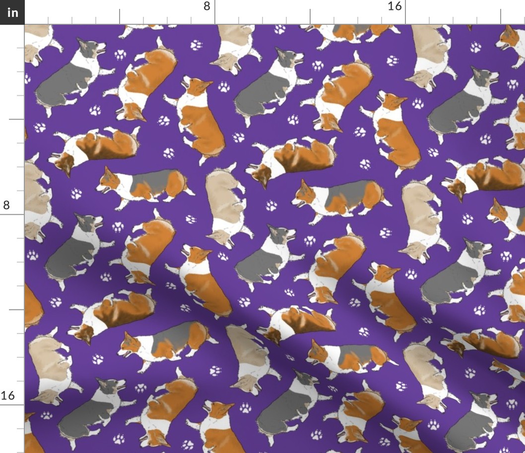 Trotting Pembroke Welsh Corgis and paw prints - purple