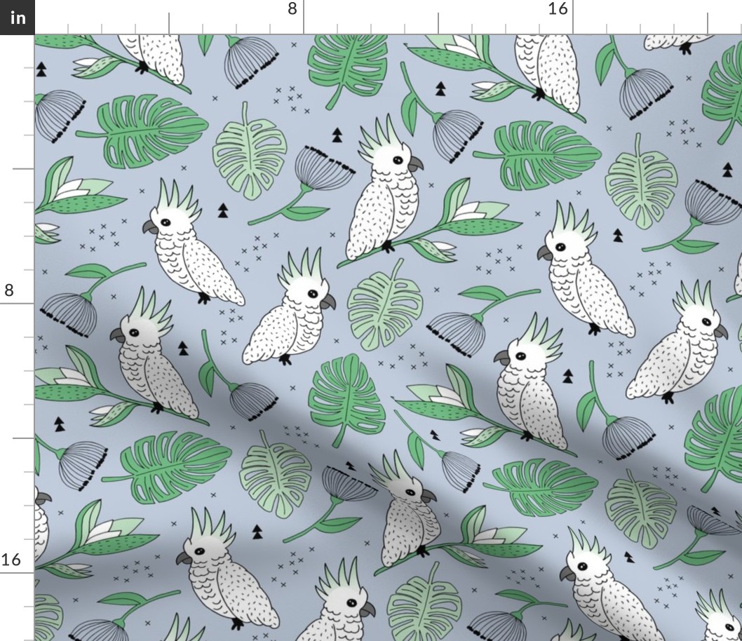 Sweet tropical jungle cockatoo birds illustration summer pattern mint green gray gender neutral