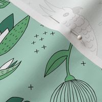 Sweet tropical jungle cockatoo birds illustration summer pattern mint green gender neutral